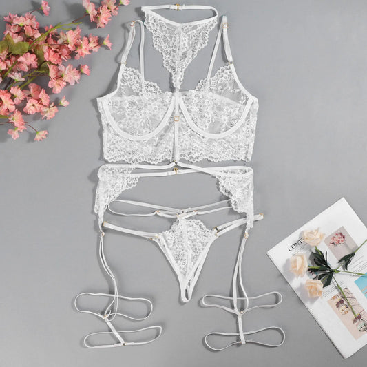Elegant Lace Lingerie Set with Garter Belt and Bra for Intimate Moments