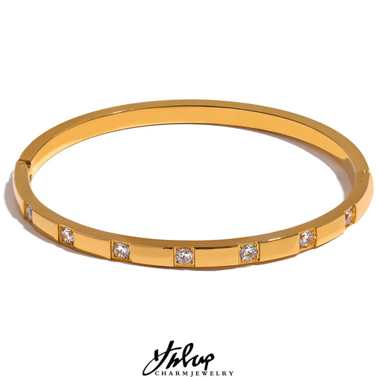 Yhpup Stylish Cubic Zirconia Stainless Steel Wrist Bangle Bracelet - 18K Gold Plated Waterproof Jewelry for Women
