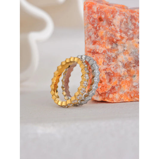 Yhpup Exquisite White Cubic Zirconia Bling Stainless Steel Classic Thin Chic Ring