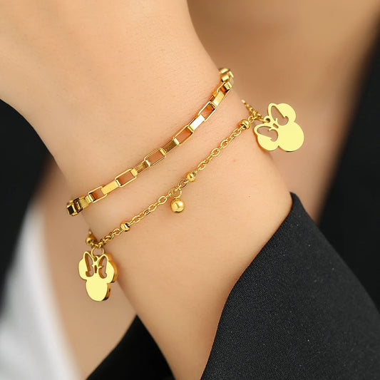 Cute Cartoon Anime Bow Mouse Pendant Stainless Steel Layered Bracelet for Women