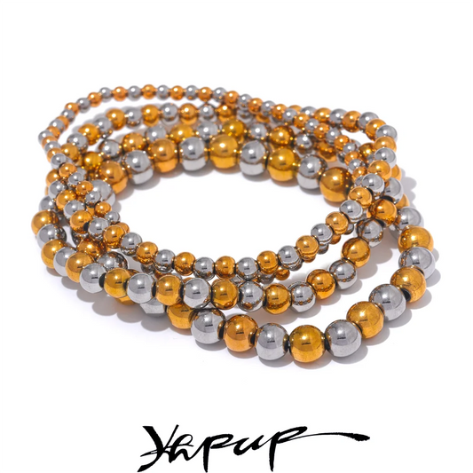 Yhpup Handmade Waterproof Stainless Steel Beads Bracelet for Men - Gold Color Jewelry