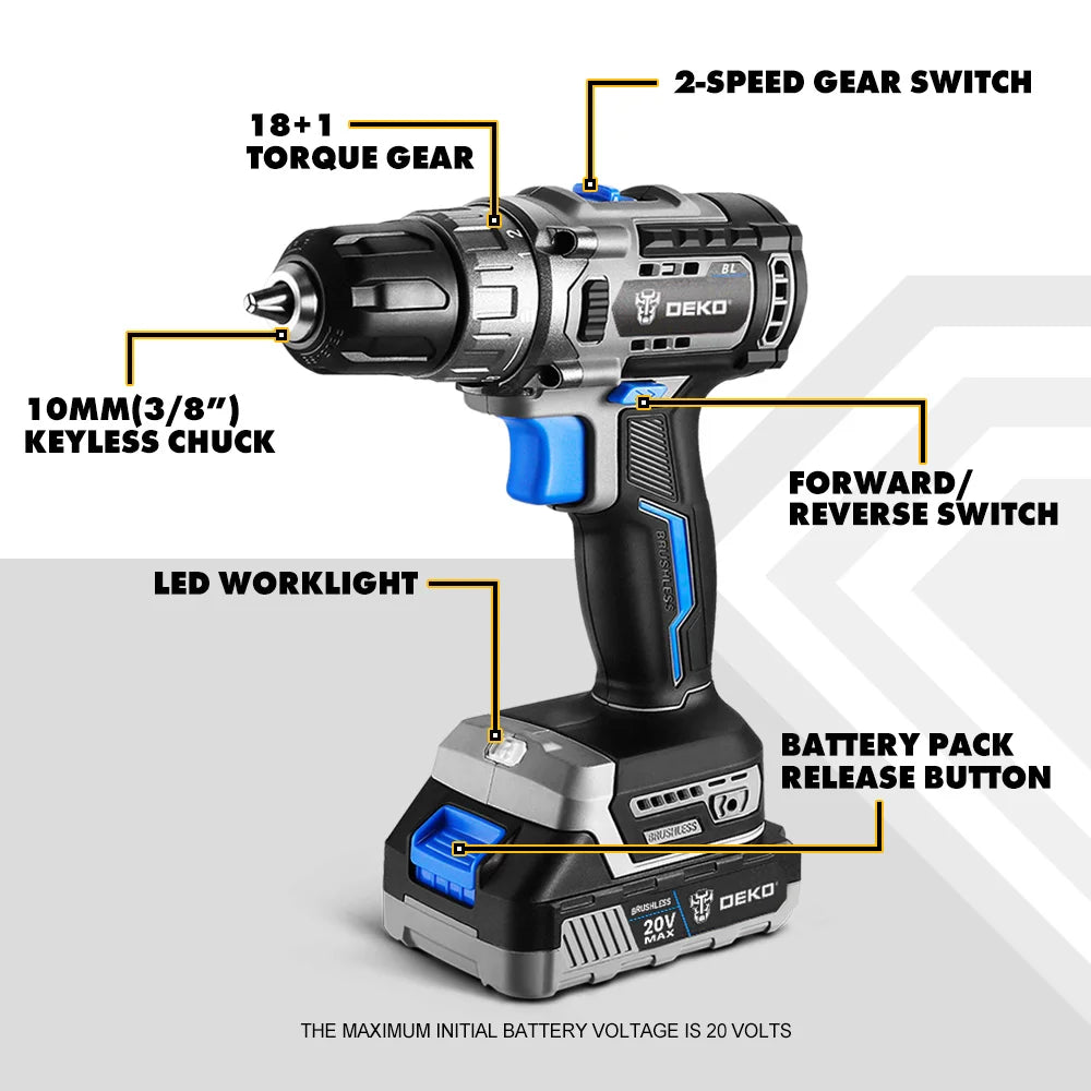 DEKO 20V Brushless Cordless Drill Combo – 2-Speed Mini Power Tool for Woodworking