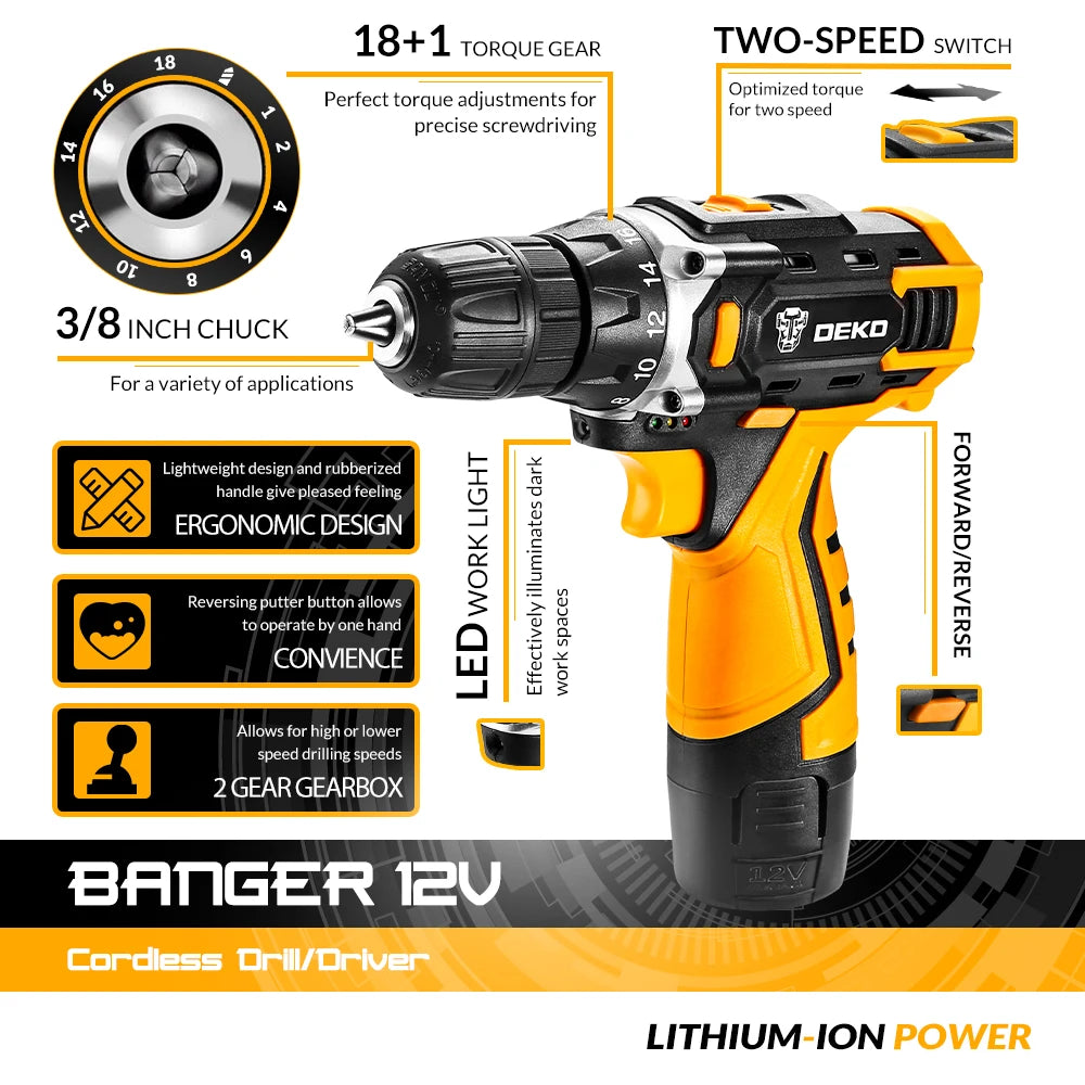 DEKO Cordless Drill 12V/16V/20V – Mini Wireless Electric Screwdriver with Lithium-Ion Battery for Home DIY