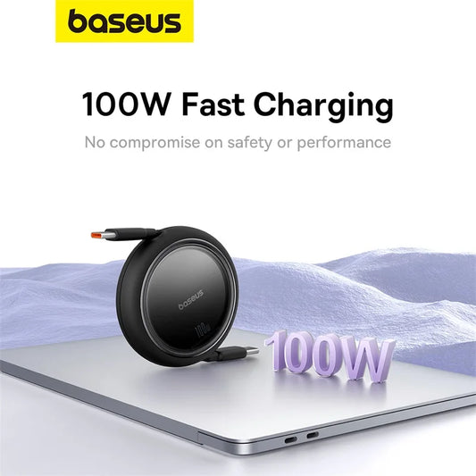 Baseus Retractable 100W USB-C Charger Cable for MacBook, iPad, iPhone 15/16, Xiaomi, Samsung - Fast Charging & Durable