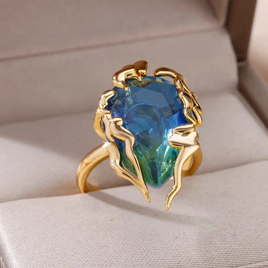 Zircon Flame Drop Ring for Women - Adjustable Stainless Steel Water Drop Jewelry for Weddings and Parties
