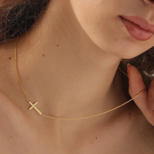 Sideways Cross Necklace for Women – Adjustable Stainless Steel Crucifix Pendant – Perfect Gift for Moms, Wives, and Friends