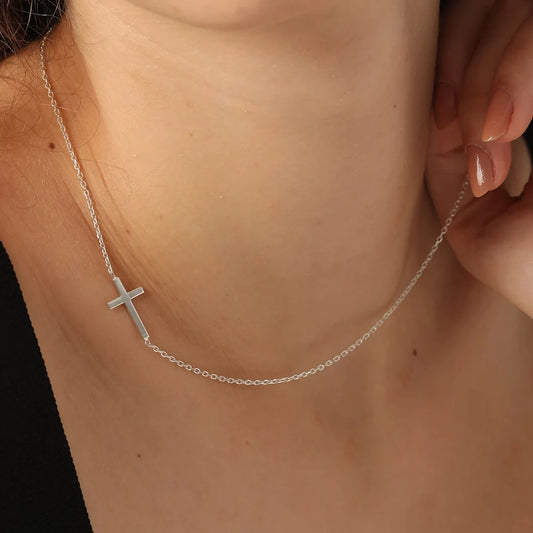 Sideways Cross Necklace for Women – Adjustable Stainless Steel Crucifix Pendant – Perfect Gift for Moms, Wives, and Friends