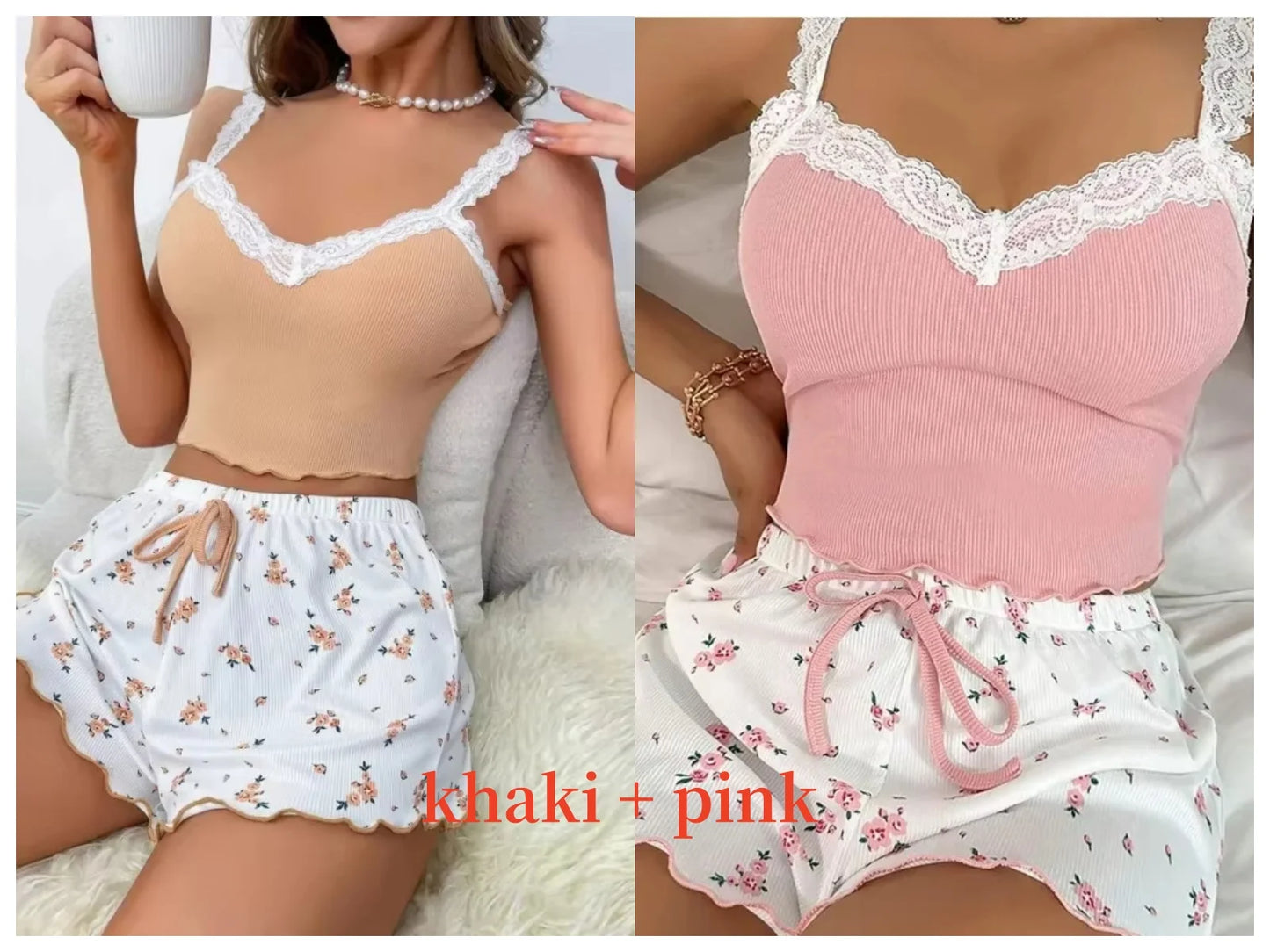 Women 2psc Pink Lace Pajama Set
