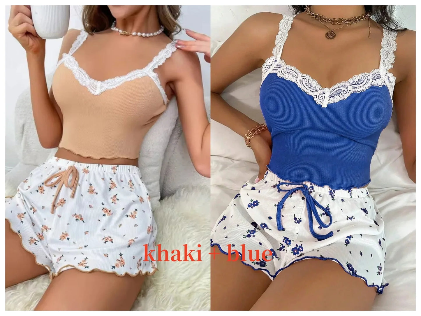 Women 2psc Pink Lace Pajama Set