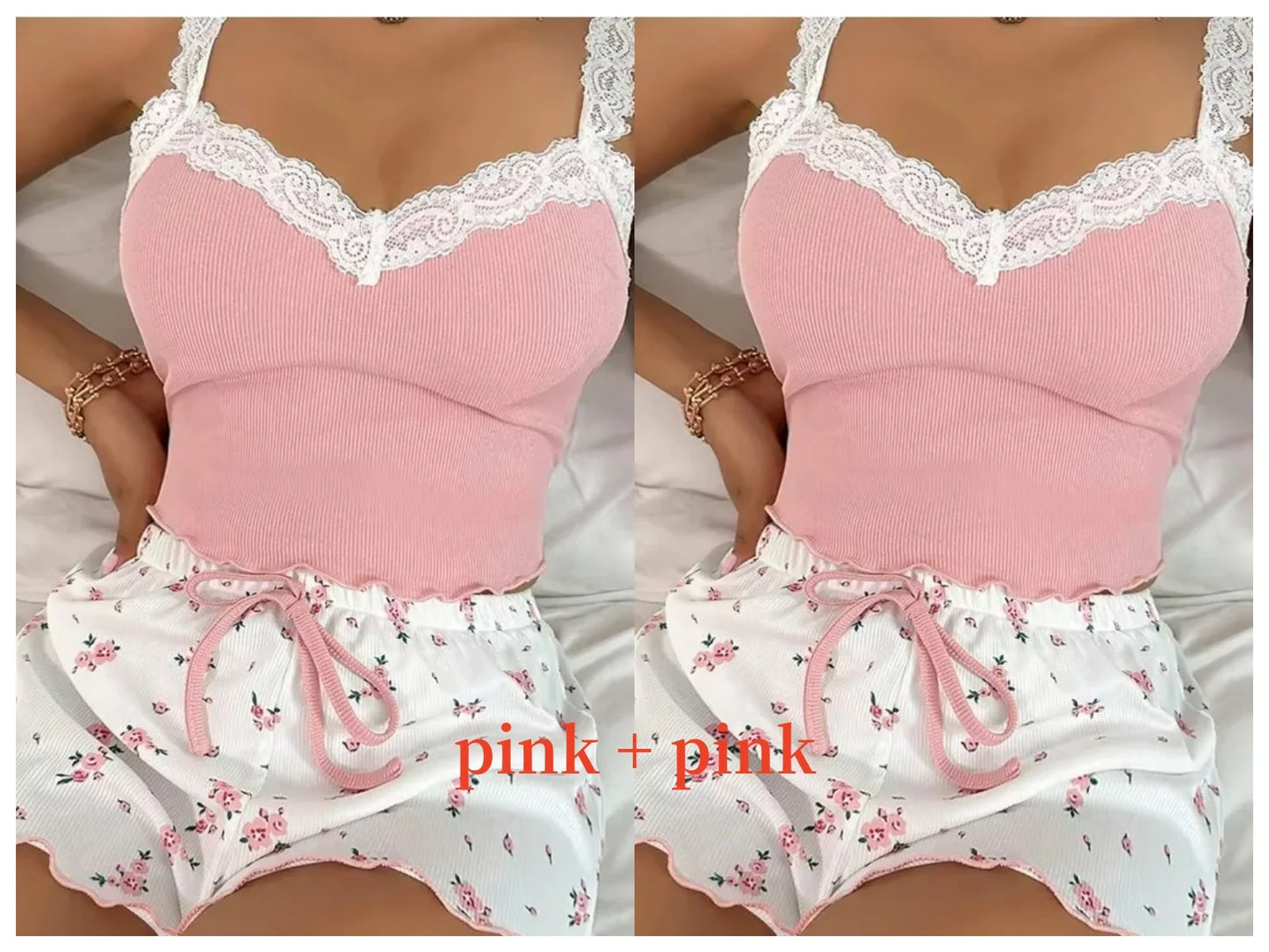 Women 2psc Pink Lace Pajama Set