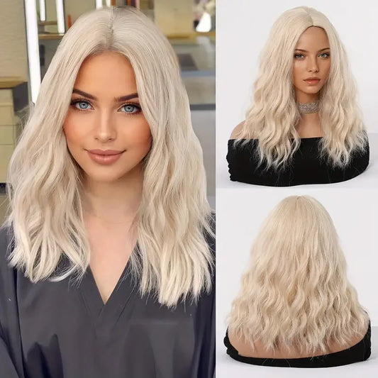 EASIHAIR Dark Brown Wavy Bob Wig with Bangs - Synthetic Heat Resistant Medium Length Wig for Women
