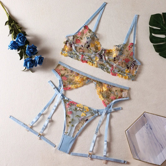 Lingerie Sensual Lace Underwear Transparent Embroidery 3-Piece Garters Fancy Beautiful Short Skin Care Kits Intimate