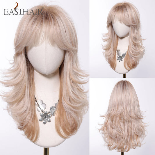 EASIHAIR Long Wavy Brown Synthetic Wig for Women with Side Bangs - Natural Look, Heat Resistant for Daily Wear