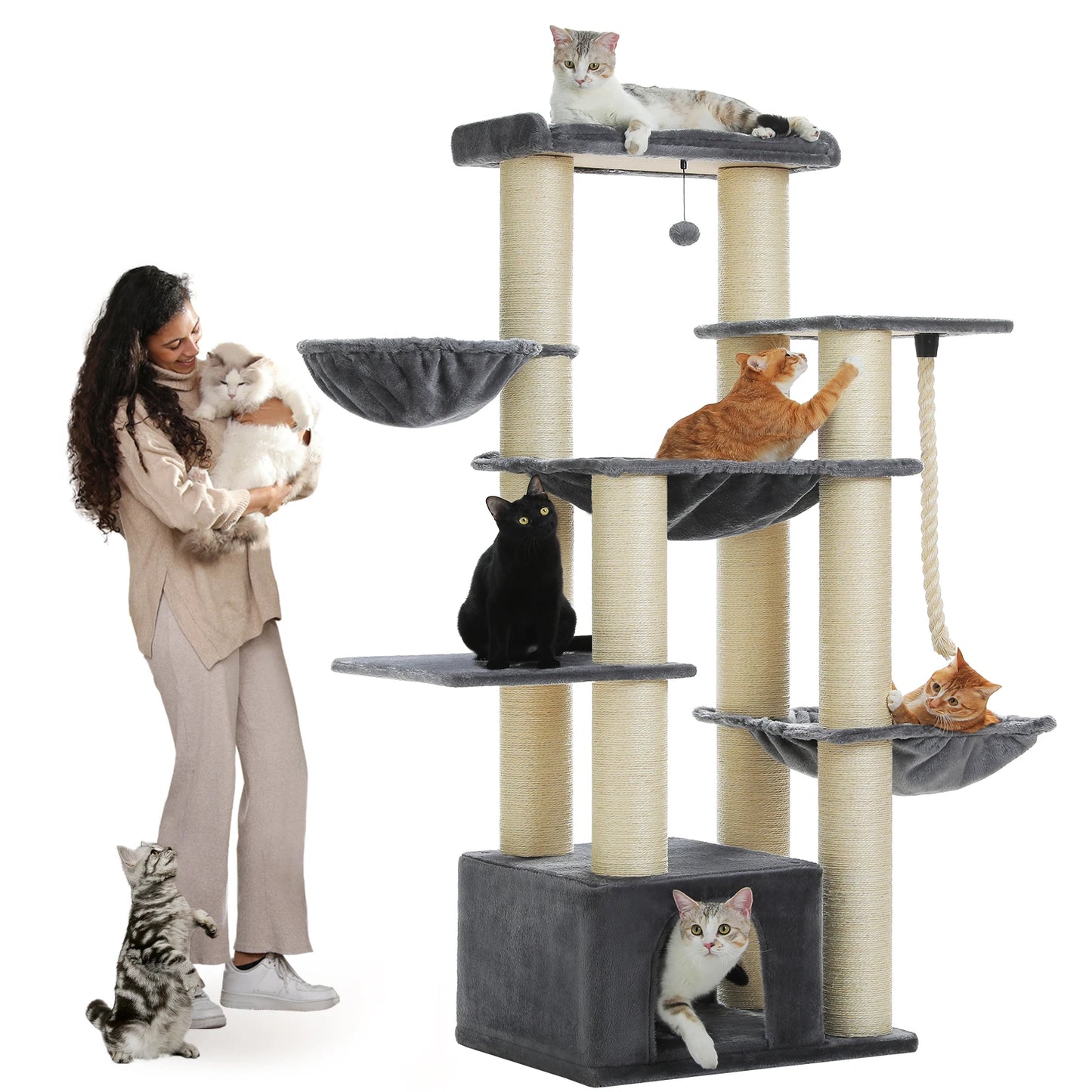 Big Cat Tree for Large Cats - Multi-Level Robust Cat Tower with Hammock and 11 Sisal Posts