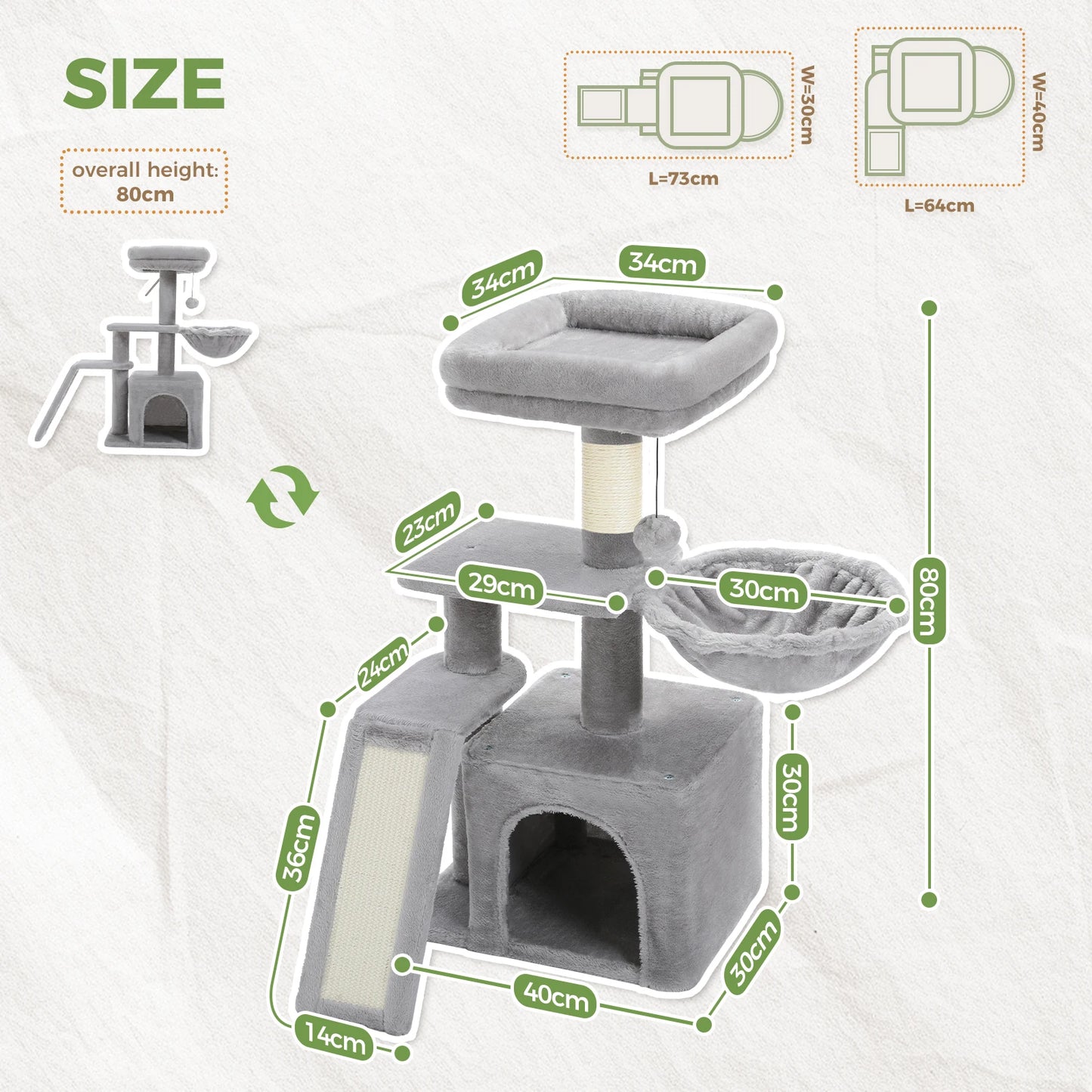 Cat Tree Tower for Indoor Cats - 2 Styles with Scratching Posts, Hammock, and Removable Top Perch - Grey