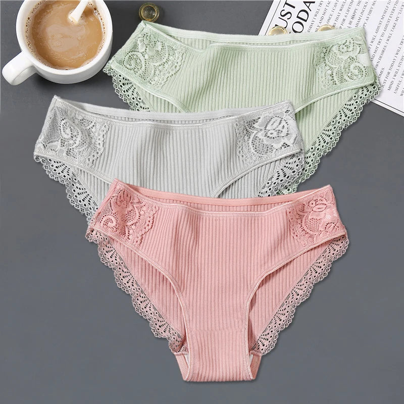FINETOO 3Pcs Women Cotton Panties - Soft Lace Briefs