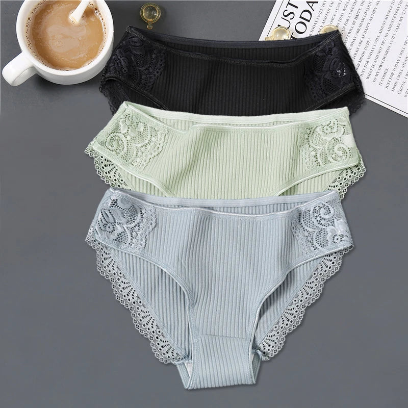 FINETOO 3Pcs Women Cotton Panties - Soft Lace Briefs