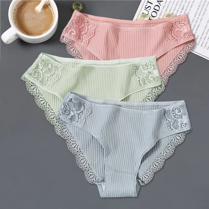 FINETOO 3Pcs Women Cotton Panties - Soft Lace Briefs
