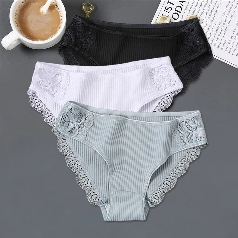 FINETOO 3Pcs Women Cotton Panties - Soft Lace Briefs