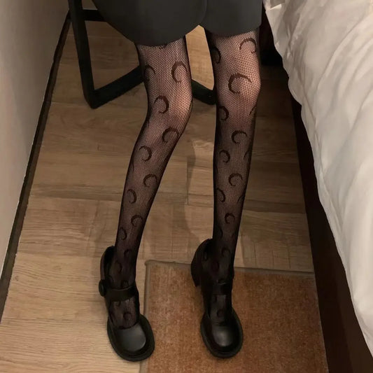 Goth Lolita Cosplay Tights for Girls - Retro Gothic Hollow Out Fishnet Pantyhose in Black & White