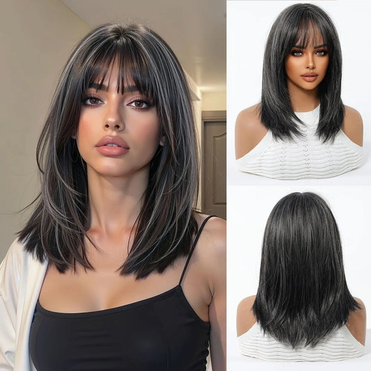 EASIHAIR Ombre Brown Blonde Wigs with Bangs - Layered Heat Resistant Synthetic Wig for Women