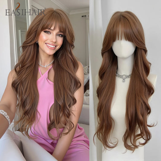 EASIHAIR Long Wavy Brown Synthetic Wigs for Women - Natural Curly Hair with Bangs for Daily Use and Cosplay