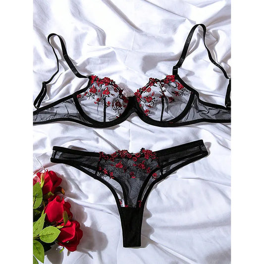 Elegant New Wine See-Through Lingerie Two-Piece Set with Thong and Push-Up Bra