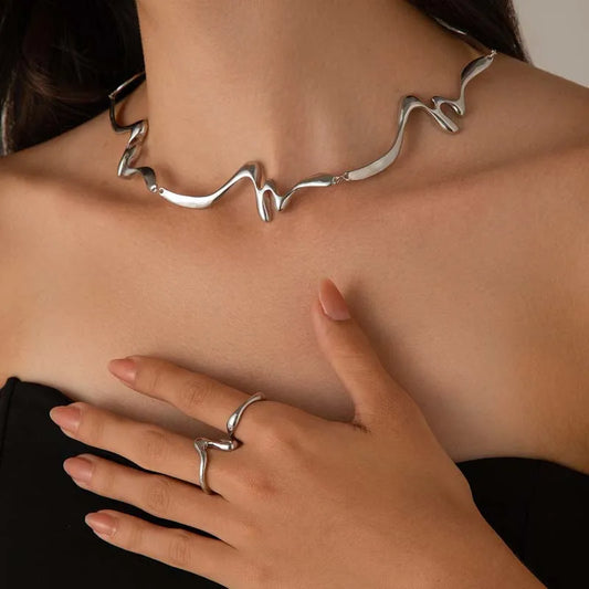 Punk Metal Irregular Twisted Wave Open Cuff Necklace Bangles for Women – Vintage Gold Color Liquid Lava Geometric Jewelry