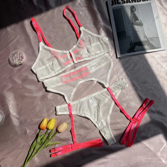 3-Piece Mesh Bra Set with Transparent Color Straps - 5 Colors Sexy Lingerie Set for Women