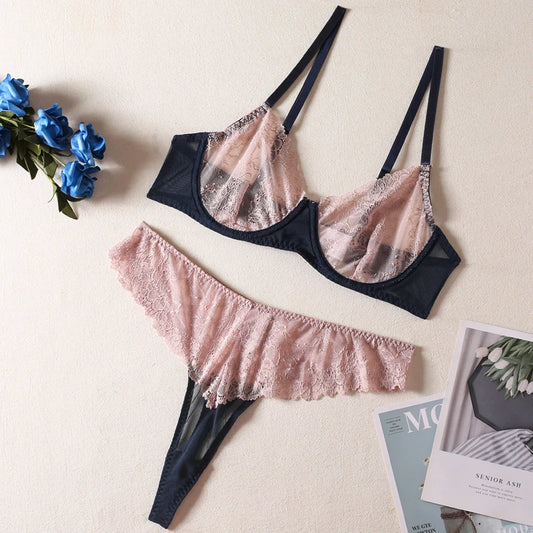Elegant Lingerie Seamless Bra & Lace Underwear Set for Women - 2 Piece Contrast Color Intimate Outfit
