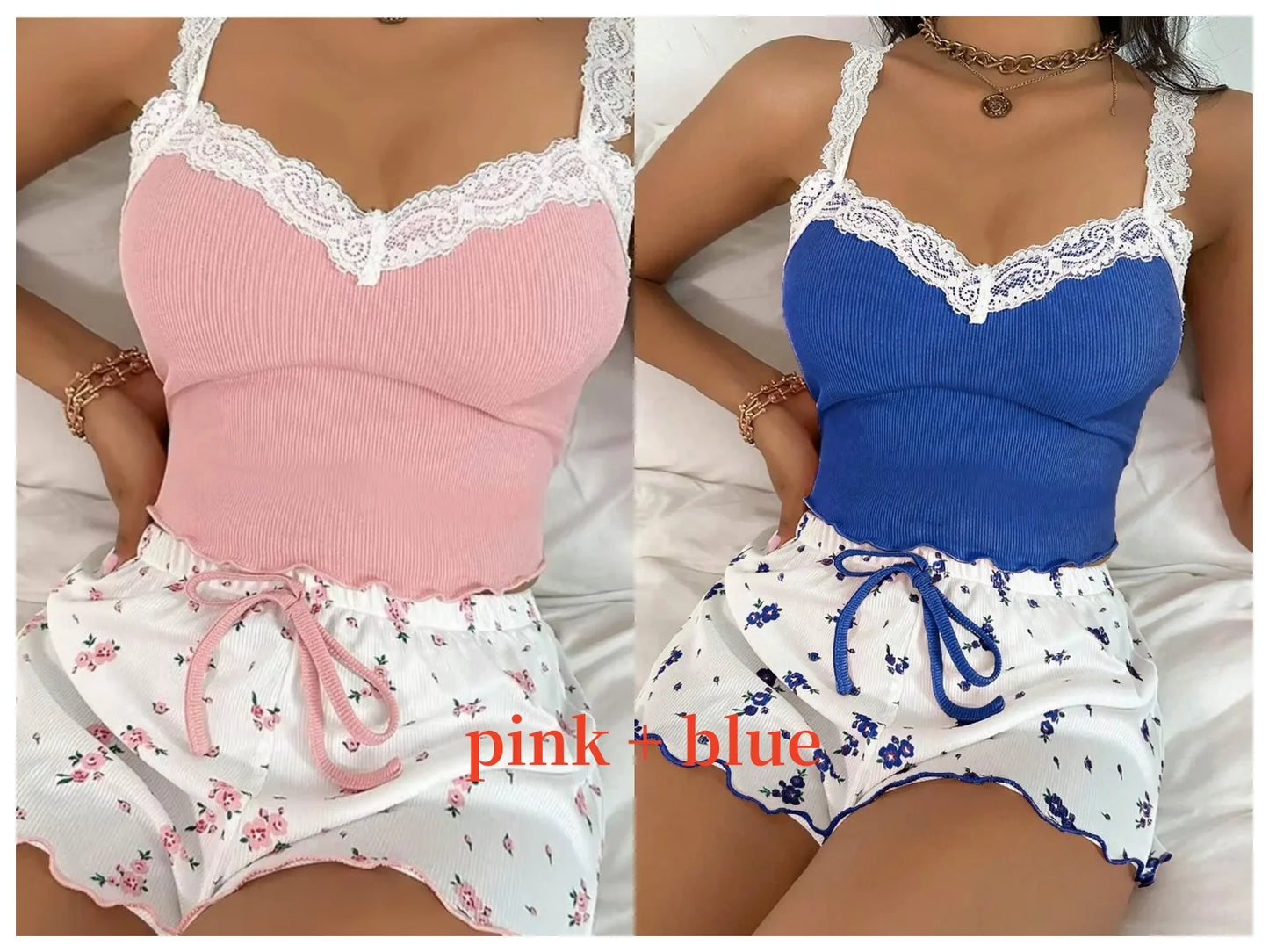 Women 2psc Pink Lace Pajama Set