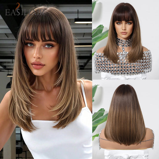EASIHAIR Ombre Brown Blonde Wigs with Bangs - Layered Heat Resistant Synthetic Wig for Women
