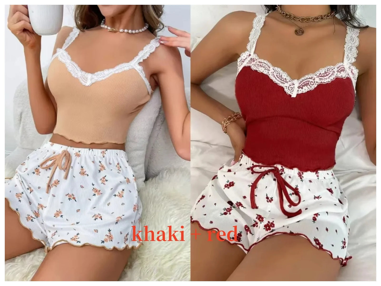 Women 2psc Pink Lace Pajama Set