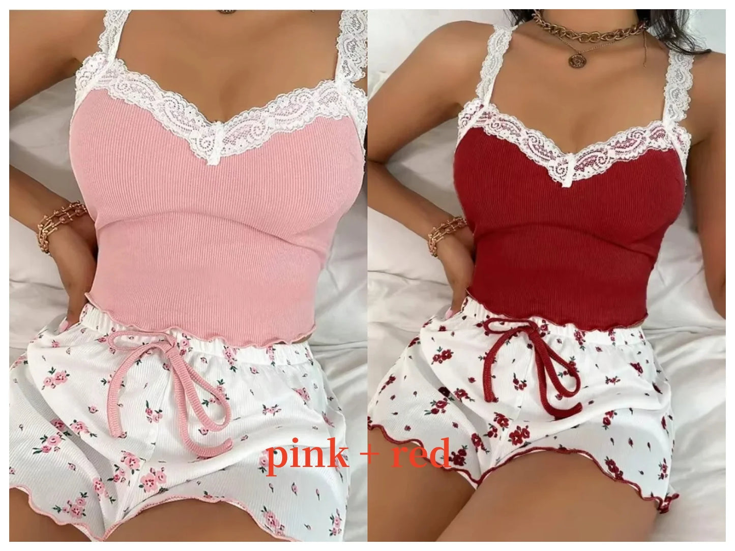 Women 2psc Pink Lace Pajama Set