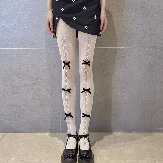 Lolita Cosplay Girls Bowknot Hollow Out Pantyhose - Elegant Lace Tights for Anime Lovers
