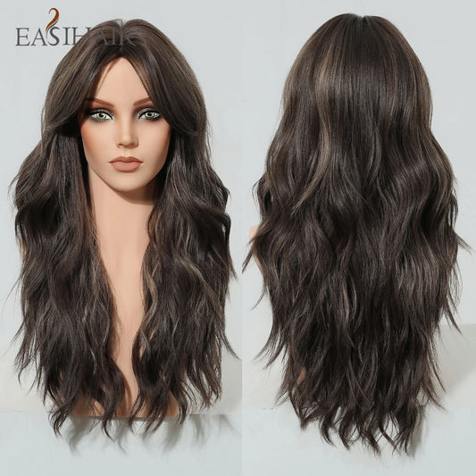 EASIHAIR Long Wavy Brown Synthetic Wig for Women with Side Bangs - Natural Look, Heat Resistant for Daily Wear