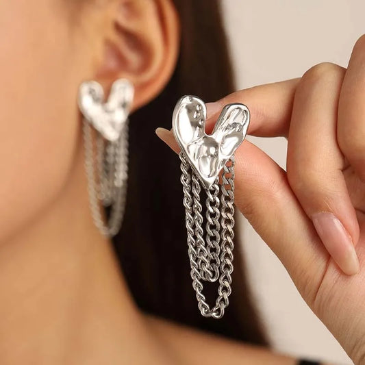 Fashion Metal Heart Pattern Tassel Drop Earrings for Women - Vintage Gold Irregular Lava Personality Jewelry Gift