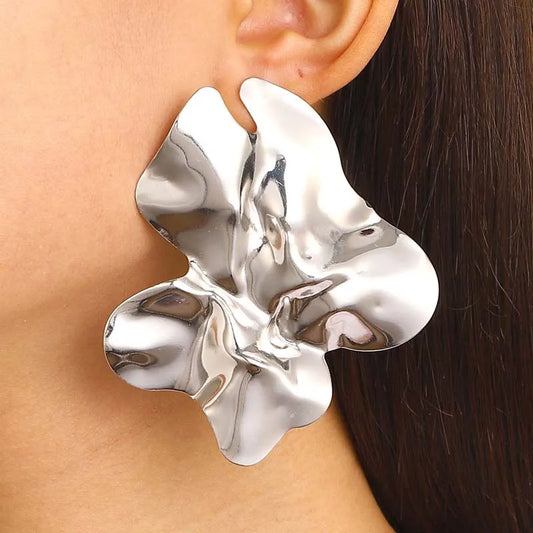 Vintage Metal Irregular Pleated Stud Earrings - Large Geometric Gold Statement Jewelry for Women
