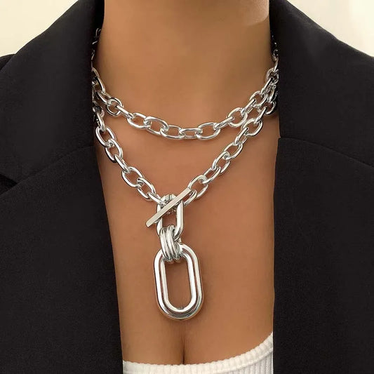 Exaggerated Gold Color Big Elliptical Pendant Necklace for Women - Punk Hip Hop Metal Chunky Chain OT Buckle Jewelry Gift
