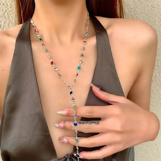 Colorful Crystal Chain Necklace for Women - Silver Long Y-shaped Clavicle Jewelry