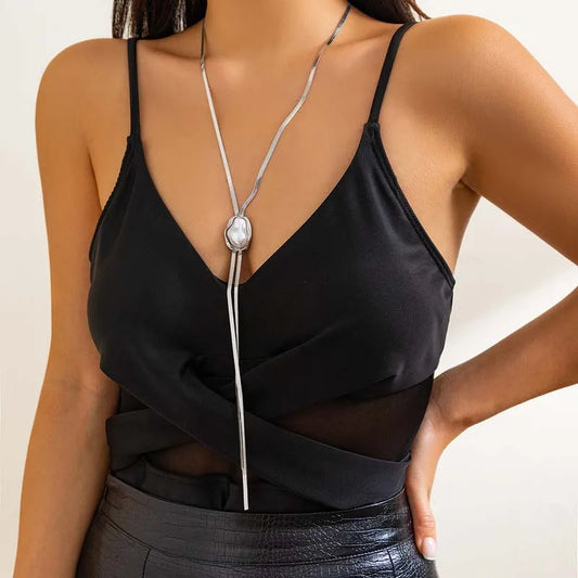 Vintage Metal Snake Chain Pearl Pendant Necklaces for Women - Gold Color Long Tassel Adjustable Jewelry