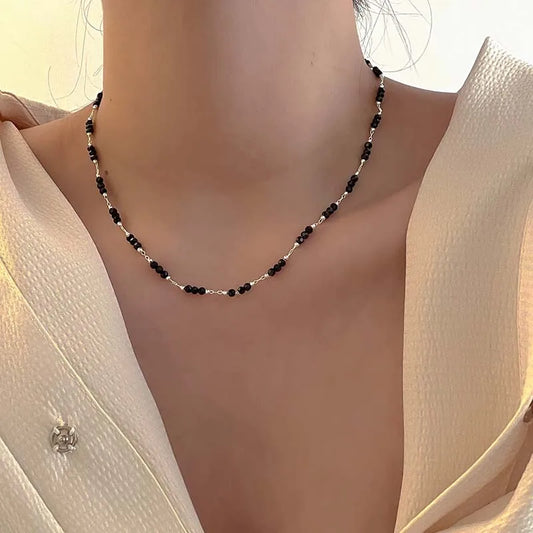 Vintage Black Crystal Glass Bead Chain Choker Necklace for Women - Handmade Jewelry for Parties
