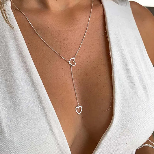 Fashion Double Love Heart Necklaces for Women - Simple Silver Color Long Tassel Jewelry Gift