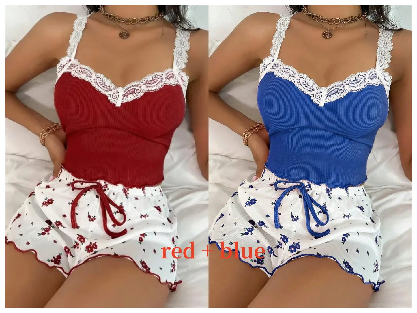 Women 2psc Pink Lace Pajama Set