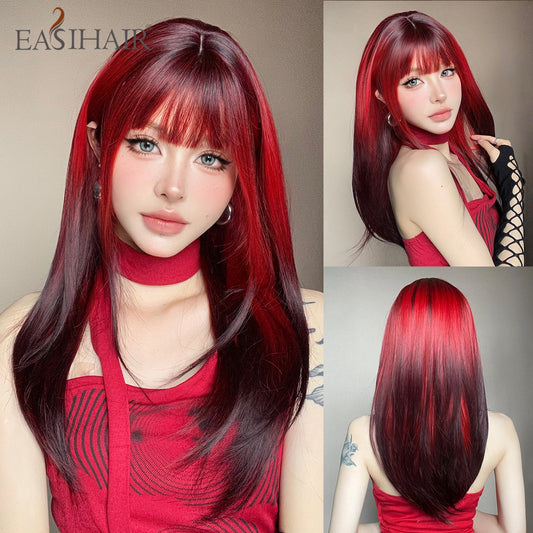 Black Red Ombre Synthetic Wigs for Cosplay - Long Straight Layered Wigs with Bangs for Women