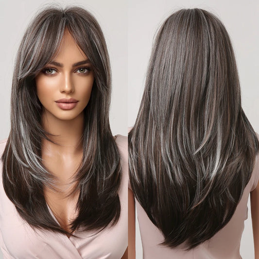 Gray Ash Blonde Pink Highlight Synthetic Hair Wigs with Bangs - Long Straight Ombre Cosplay Wig for Women