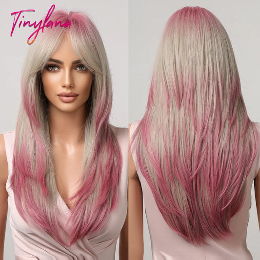 Gray Ash Blonde Pink Highlight Synthetic Hair Wigs with Bangs - Long Straight Ombre Cosplay Wig for Women