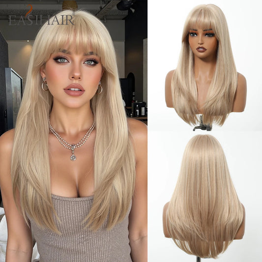 EASIHAIR Long Blonde Synthetic Wigs for Women - Straight Layered Natural Hair Wigs With Bangs
