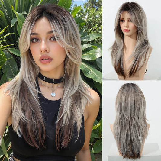 Black Red Ombre Synthetic Wigs for Cosplay - Long Straight Layered Wigs with Bangs for Women