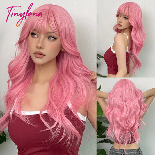 Light Pink Long Wavy Cosplay Synthetic Hair Wig with Bangs - Perfect for Halloween and Daily Wear